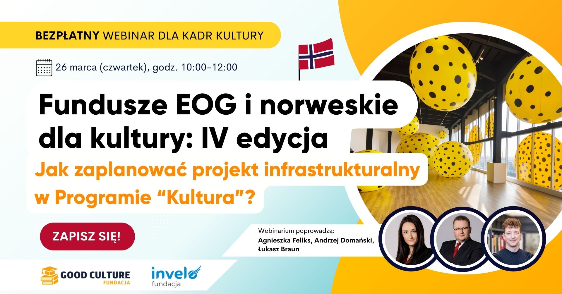Banner webinaru: "Fundusze EOG i norweskie dla kultury: IV edycja"